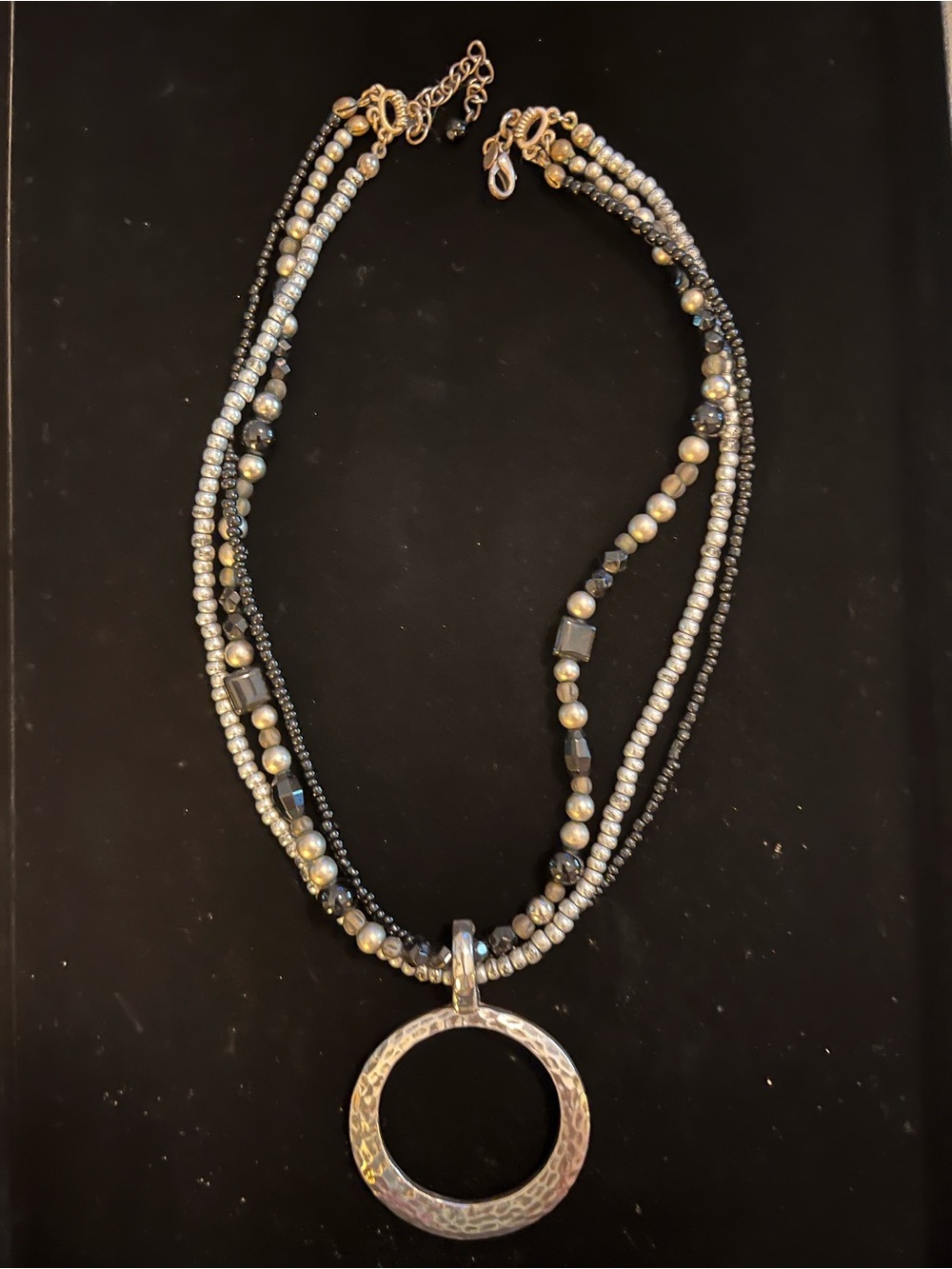 Premier Designs Multi-Strand Black & Silver Beaded Necklace Circle Pendant